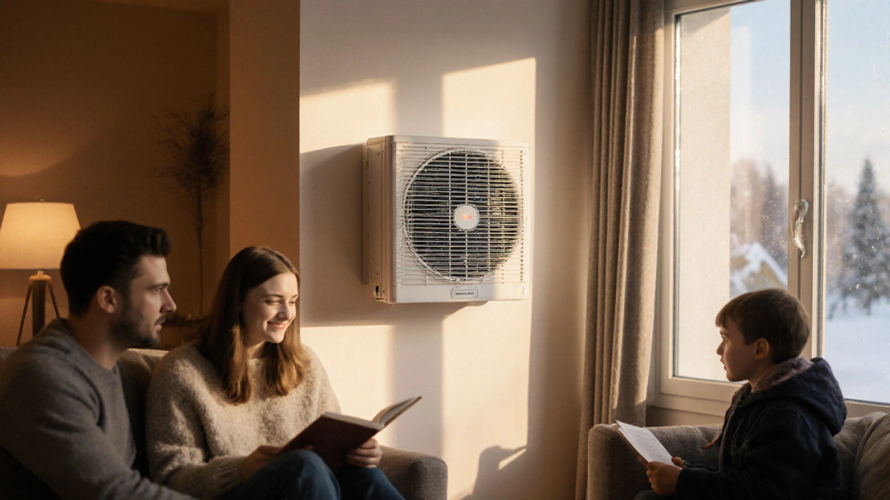 Rodina v teplém bytě s malou jednotkou rekuperace ve zdi, venku je zima.