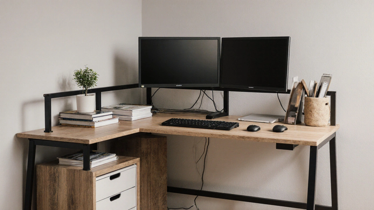 Rohový stůl v malé pracovně, uspořádané přístroje, skryté kabely, volné prostory kolem.