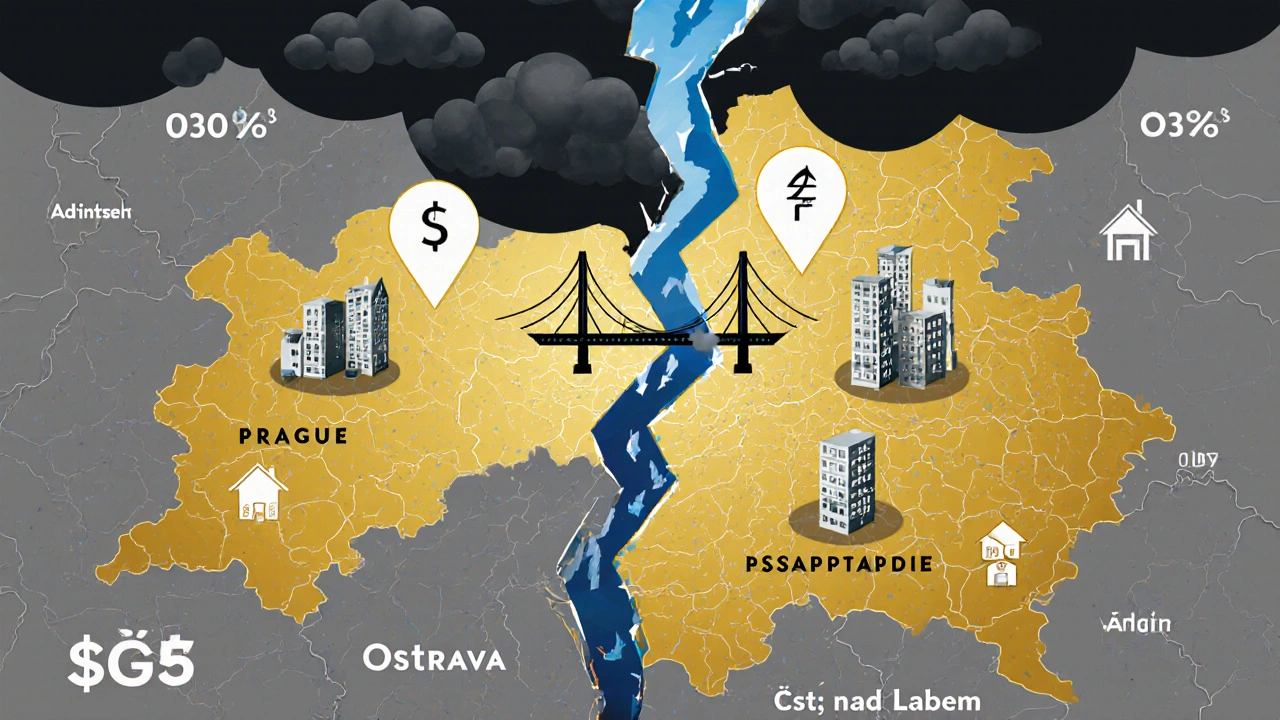 Rozdělená mapa Česka: Praha a Brno září, ostatní regiony jsou šedé a opuštěné.