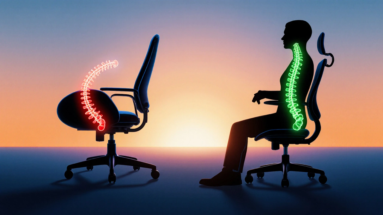 Schematický obraz páteře s porovnáním špatné a správné polohy při sedění na různých židlích.