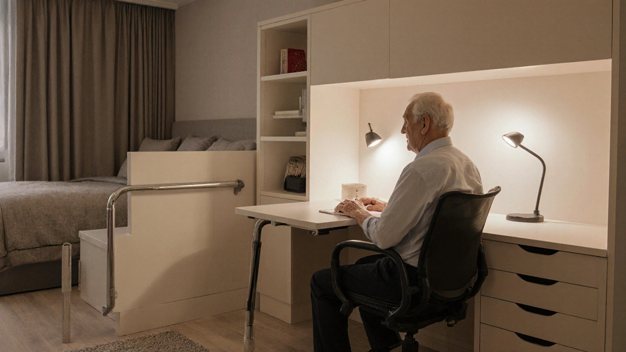 Senior pracuje na ergonomickém stole s modulárním nábytkem, který má pohodlné rukojetě a snadno přístupné regály.