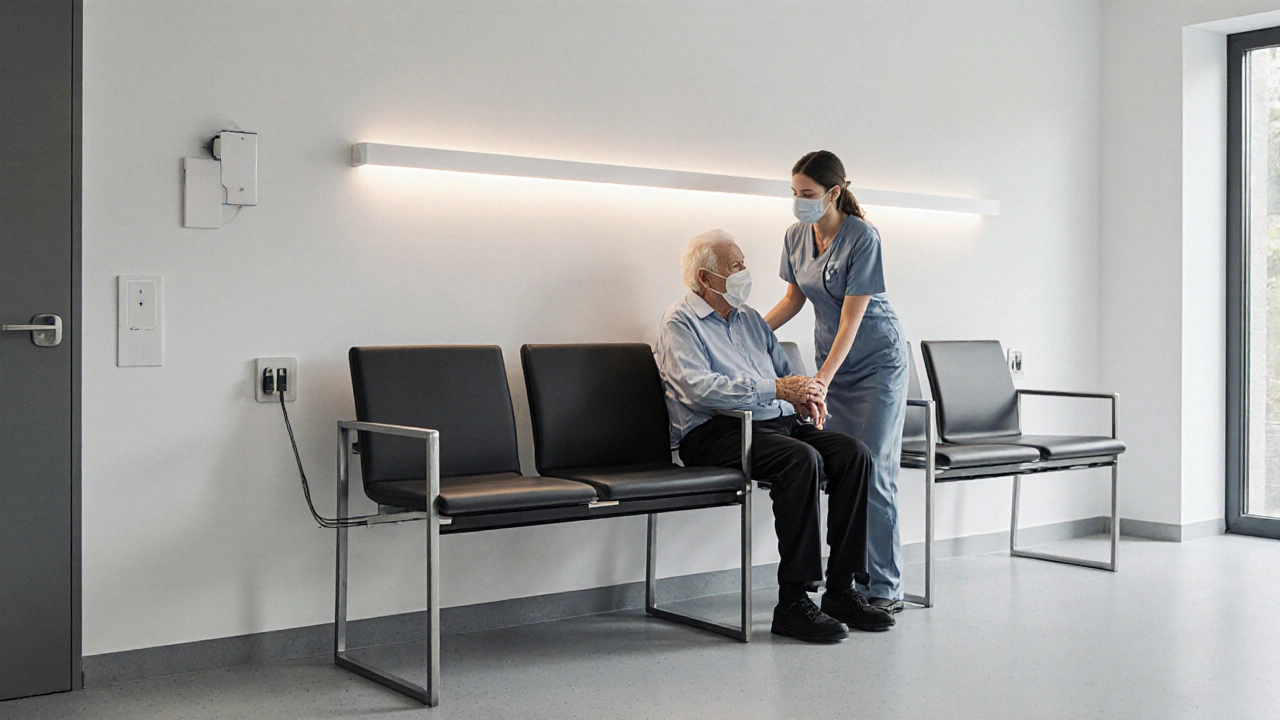 Starší osoba sedí na komerční lavici s bočními madly a UV dezinfekcí v nemocniční předsíni.