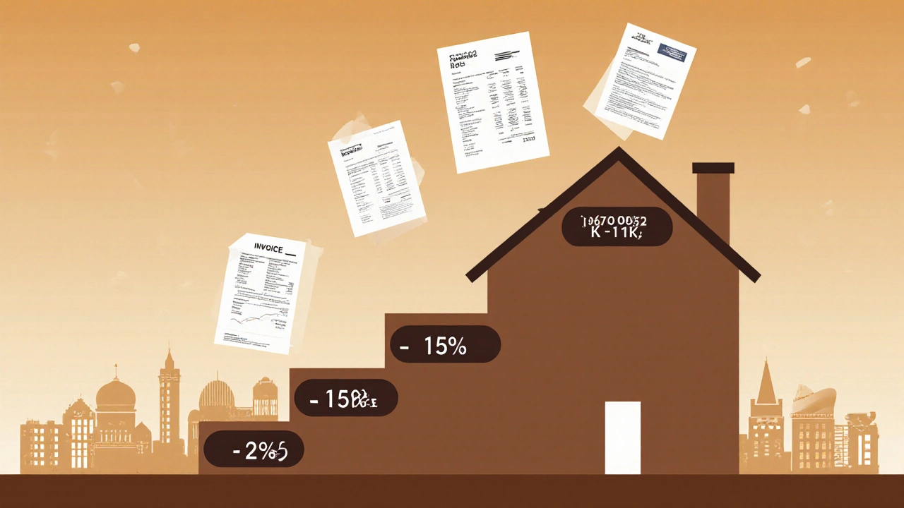 Stupňovitá domovní schodiště ukazující daňové sazby 15 % a 23 % s doklady nákladů.