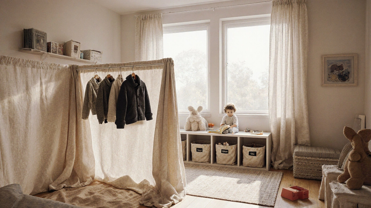 Textilní přepážka dělí dětský pokoj na klidnou a hřištní zónu, na věšáku visí svetry a za okny jsou bavlněné závěsy.