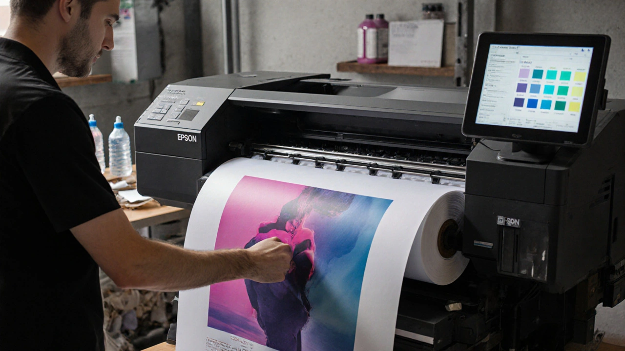 Tiskárna v Česku tiskne plakát z recyklovaného papíru pomocí profesionální Epson tiskárny.