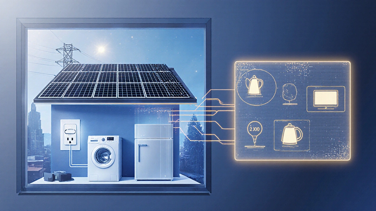 Transparentní výřez domu ukazující tok solární energie a chytré zapínání spotřebičů.