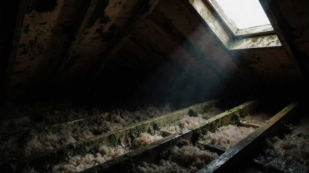 V podkroví jsou vidět tmavé skvrny od vlhkosti, plíseň a poškozené dřevo krovu.