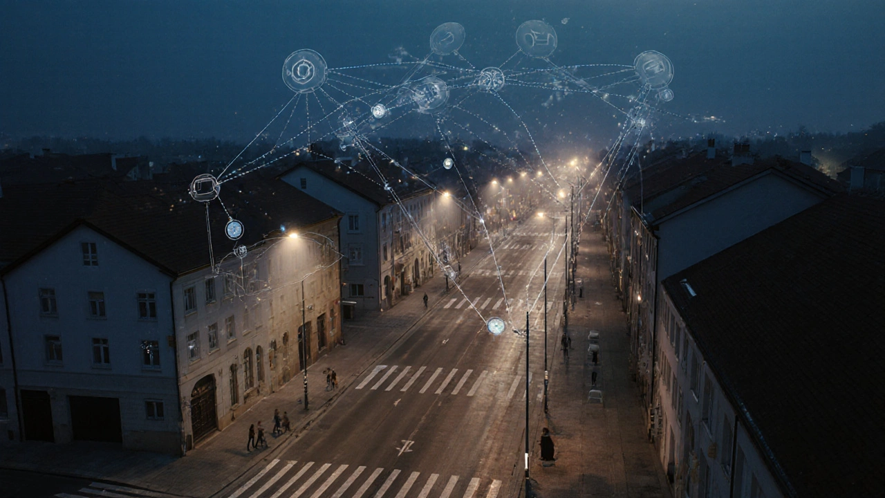 Večerní pohled na chytré uliční osvětlení v městě Žatec s aktivními senzory.