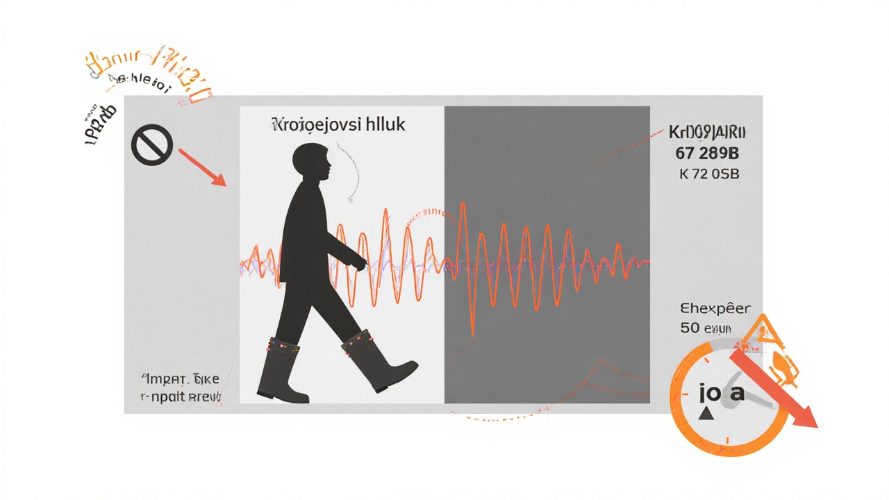 Vizualizace překročení limitu kročejového hluku na 62 dB proti povoleným 58 dB.