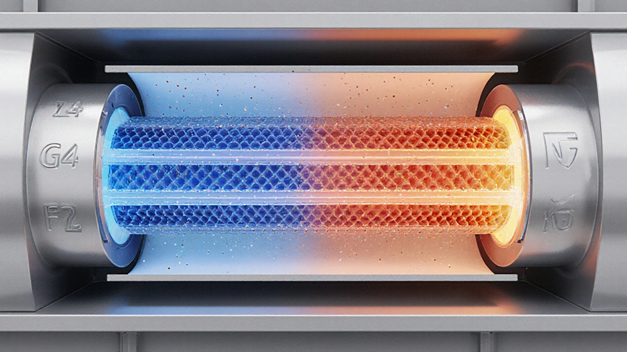 Vnitřní výměník tepla s filtry a prouděním vzduchu v technickém zobrazení.