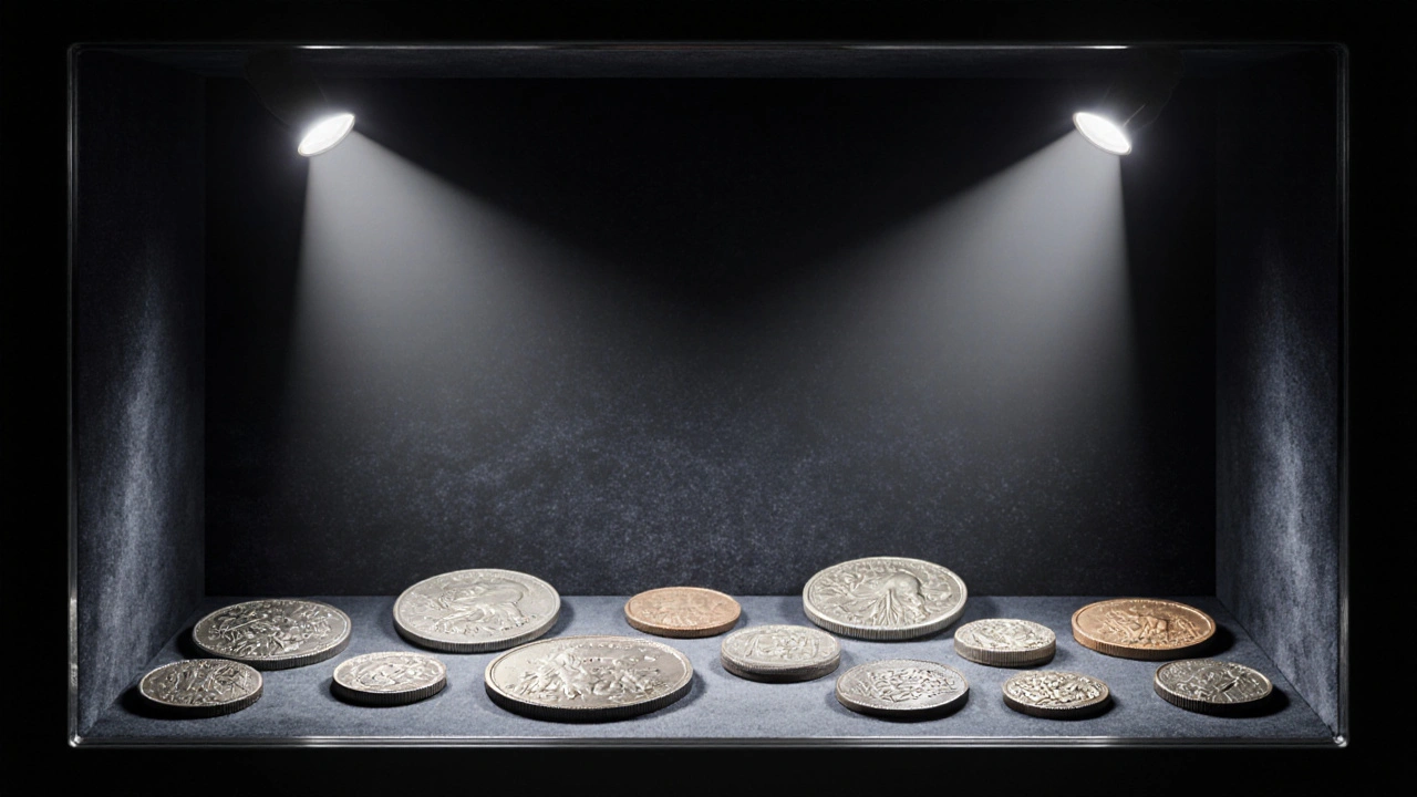 Výstavní skříň s mincemi pod přesným neutrálním světlem