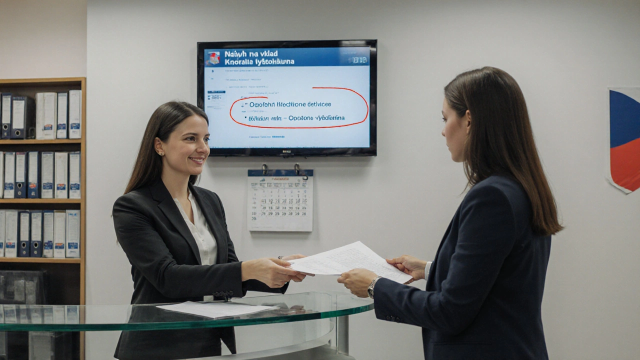 Žena podává opravenou smlouvu katastrálnímu úřadníkovi v úřadě s digitálním stavem návrhu.