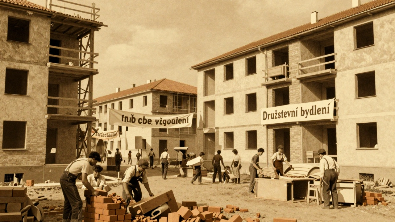 1970s construction of a cooperative housing estate with workers and families moving into new apartments.
