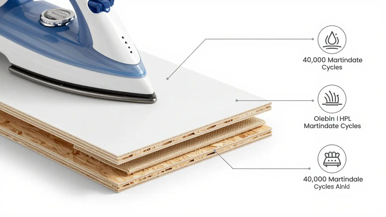 Detailní technický nákres odolných materiálů nábytku: HPL, MDF a olefinová textilie.