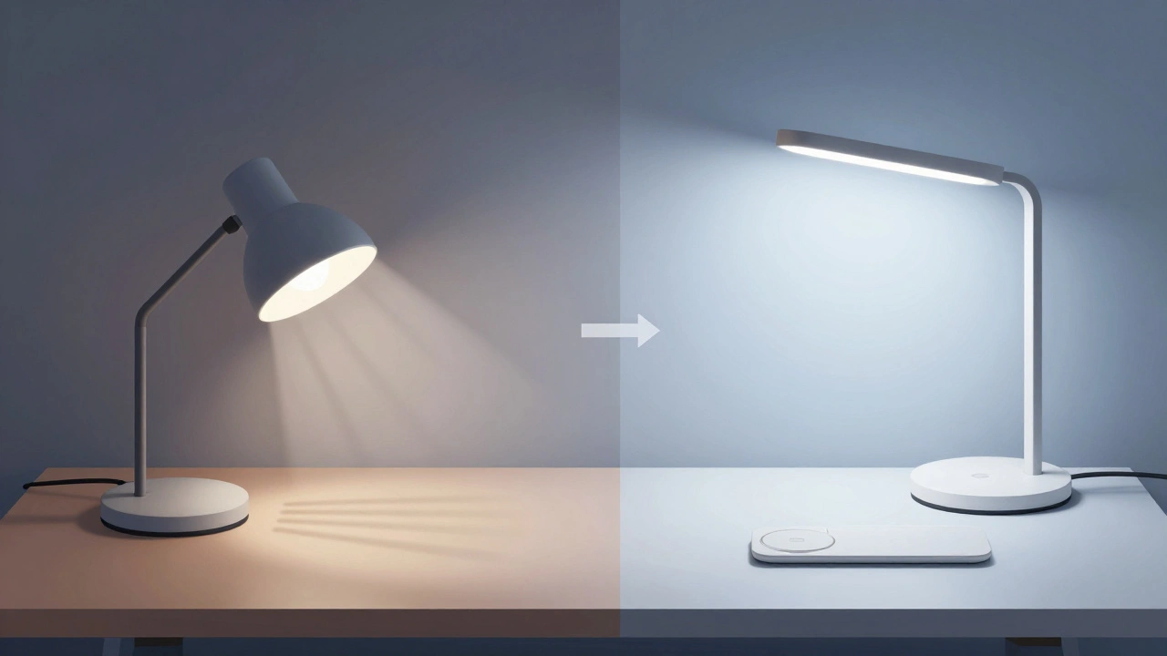 Dvě strany pracovního stolu: špatné a dobré osvětlení, symbolizující vliv na produktivitu.