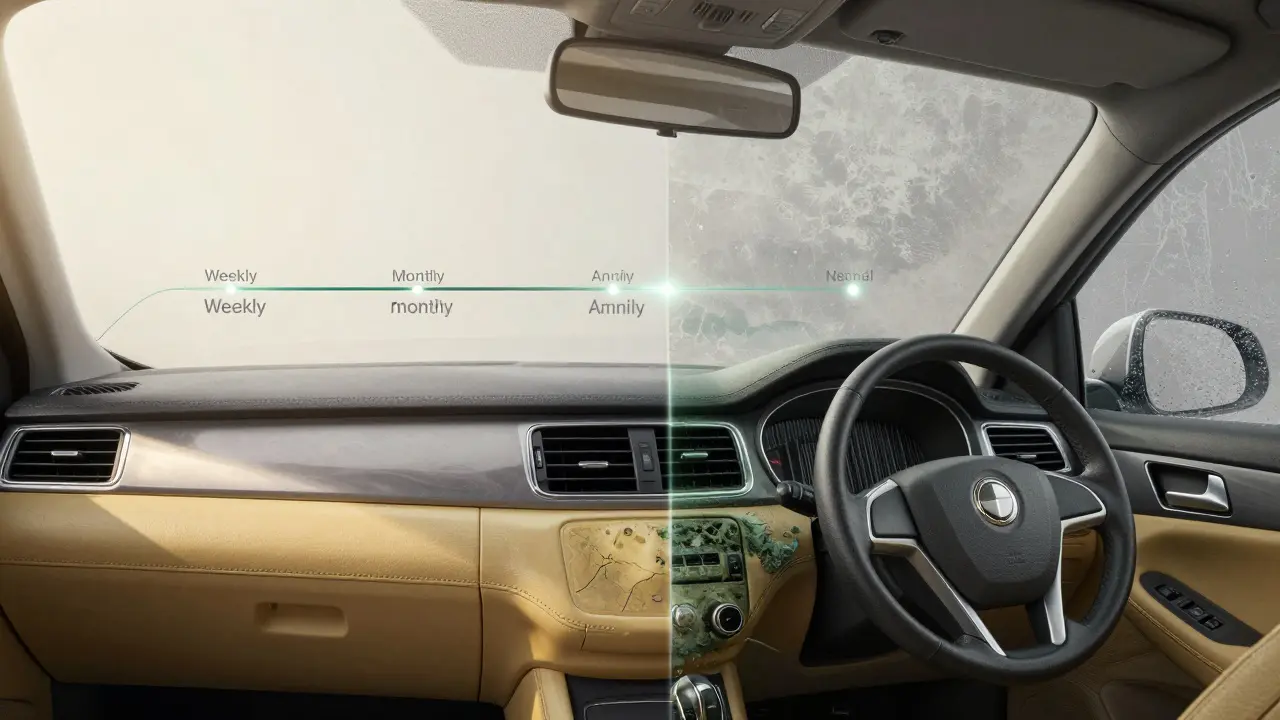 Dvojitý pohled na zdravý a poškozený interiér auta s časovou osou údržby.