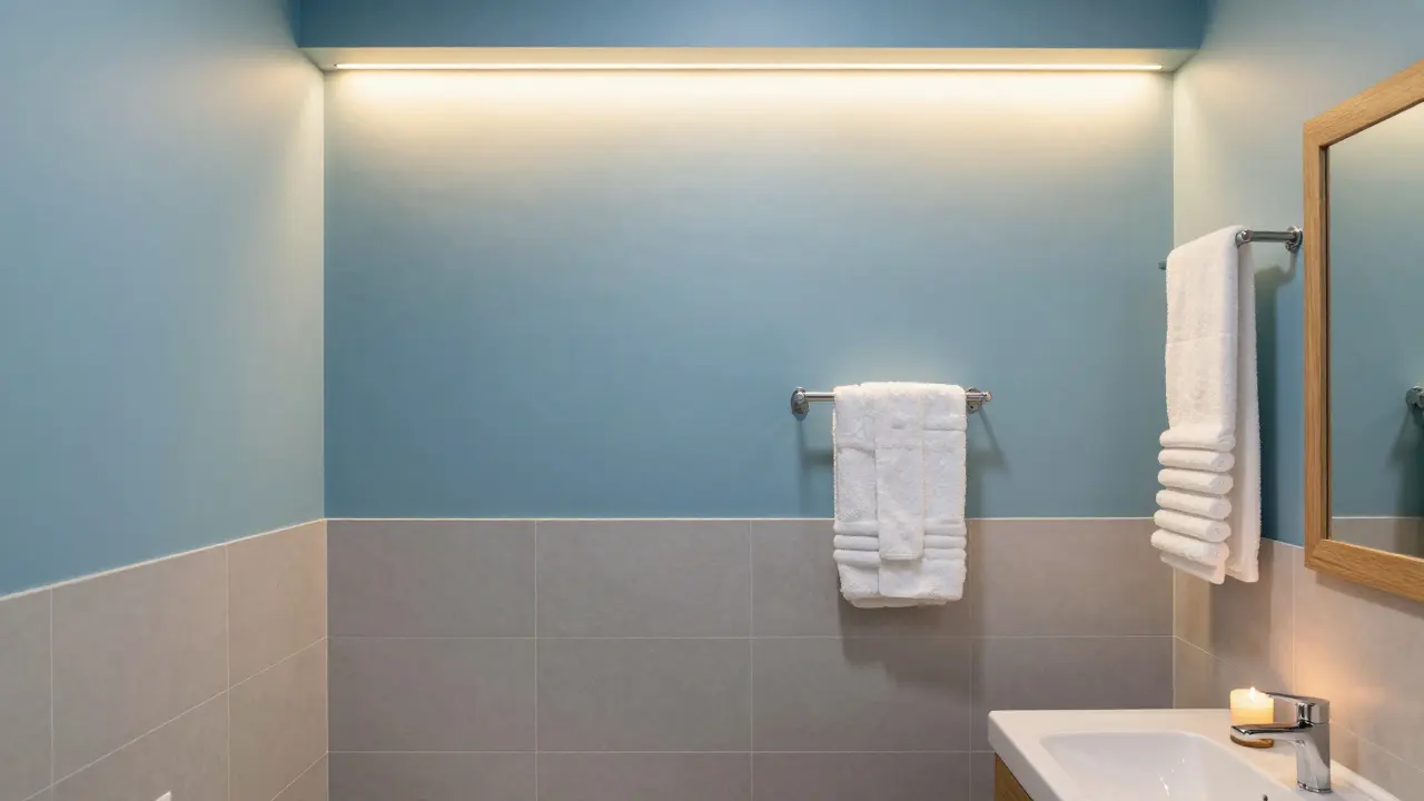 Koupelna s mořskou modrou stěnou, šedými dlaždicemi a teplým dřevěným doplňkem, klidně osvětlená.