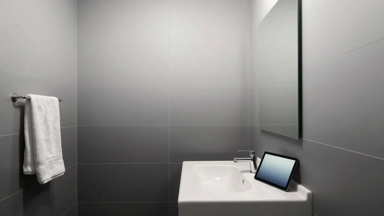 Koupelna s ombré stěnou od šedé do bílé, moderní design a zrcadlo odrazující přechod.