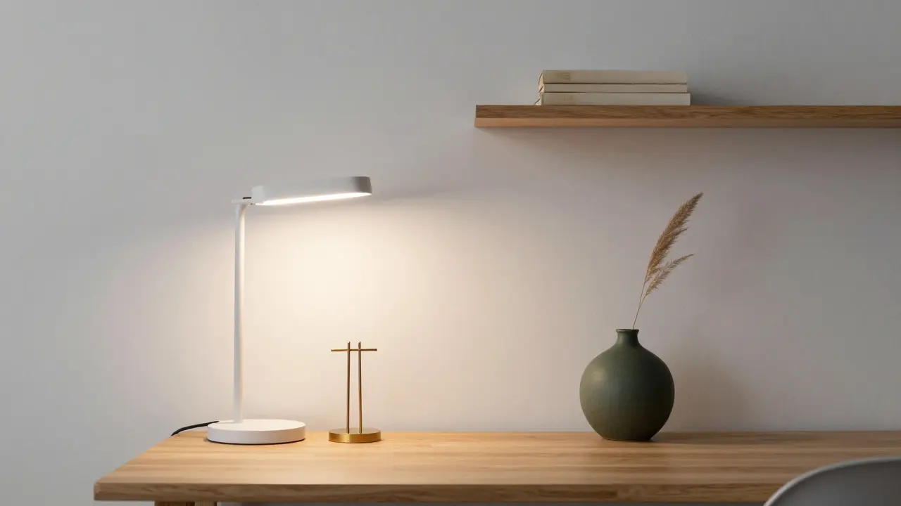 Kout pracovny s dřevěným stolem, teplou lampou a jedním suchým rostlinným větvičkou.