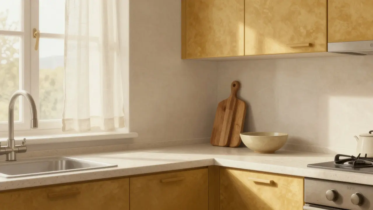 Kuchyně s kabinety Velvet Gold a světle písečným kamenem, ranní světlo na dřevěném stole.