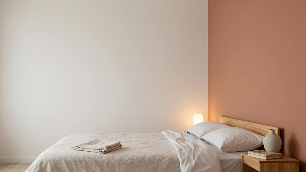 Malá ložnice se světlými stěnami a jednou terakotovou akcentní stěnou, minimalistický a klidný prostor.