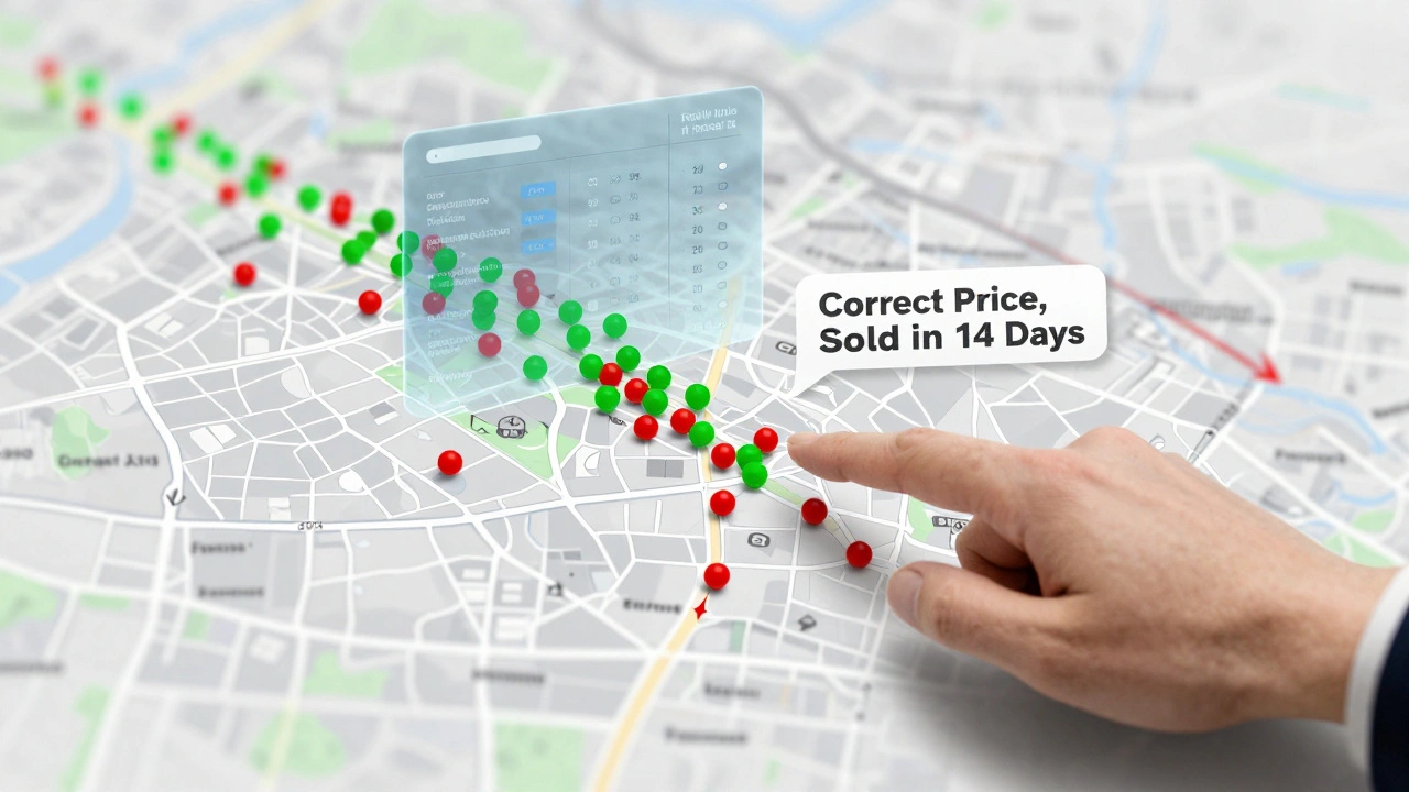 Mapa Prahy s červenými a zelenými body označujícími prodané a nesoldované byty, s AI a lidskou rukou.