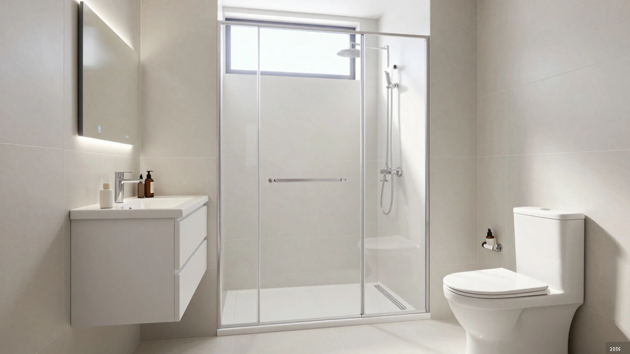 Moderní sprchový kout s bezbariérovou podlahou a úložnými šuplíky nad WC.