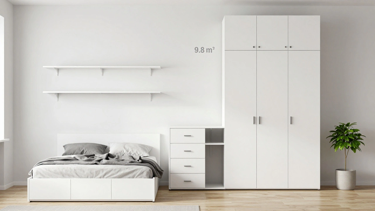 Modulární nábytek v ložnici: postel, komoda a skříň ve stejném stylu, vytvářející působení většího prostoru.