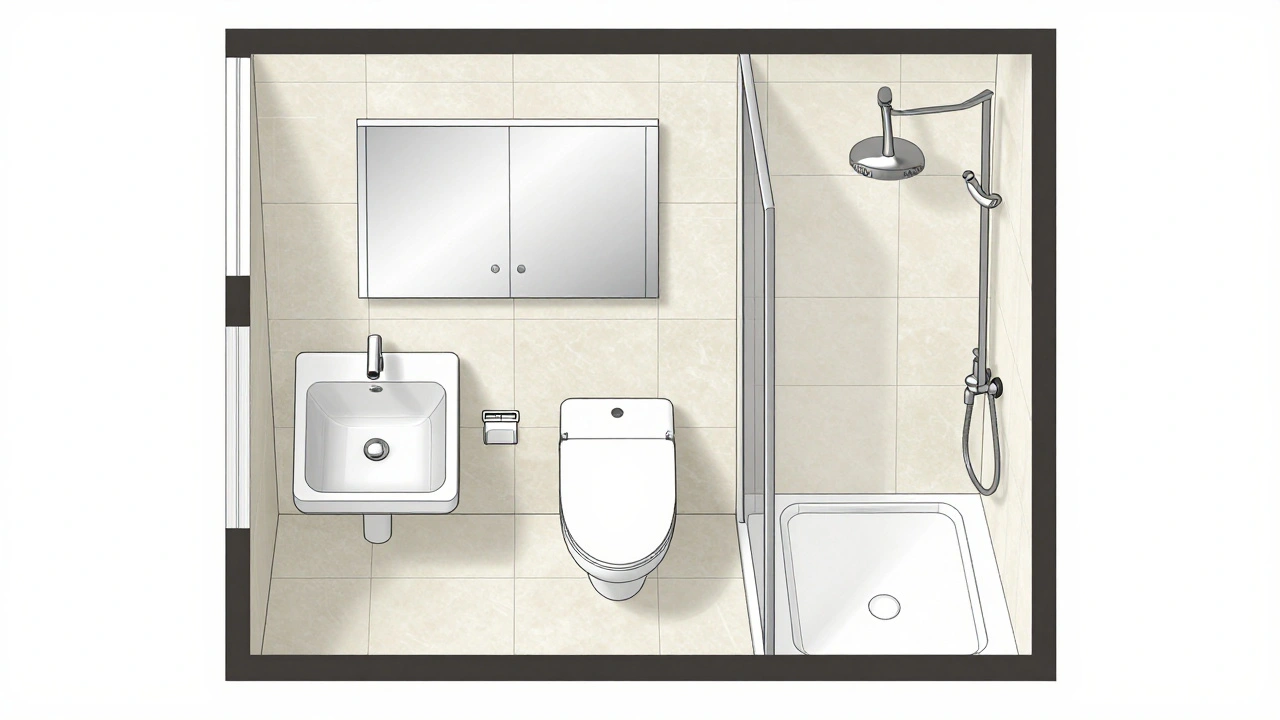 Návrh půdorysu malé koupelny s kompaktními prvky a vertikálními úložnými prostory.