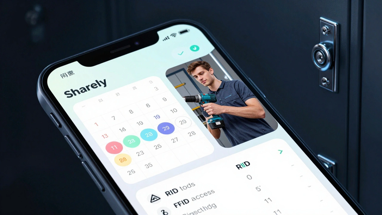 Obrazovka mobilní aplikace Sharely s kalendářem rezervací nářadí a RFID přístupovým logem.