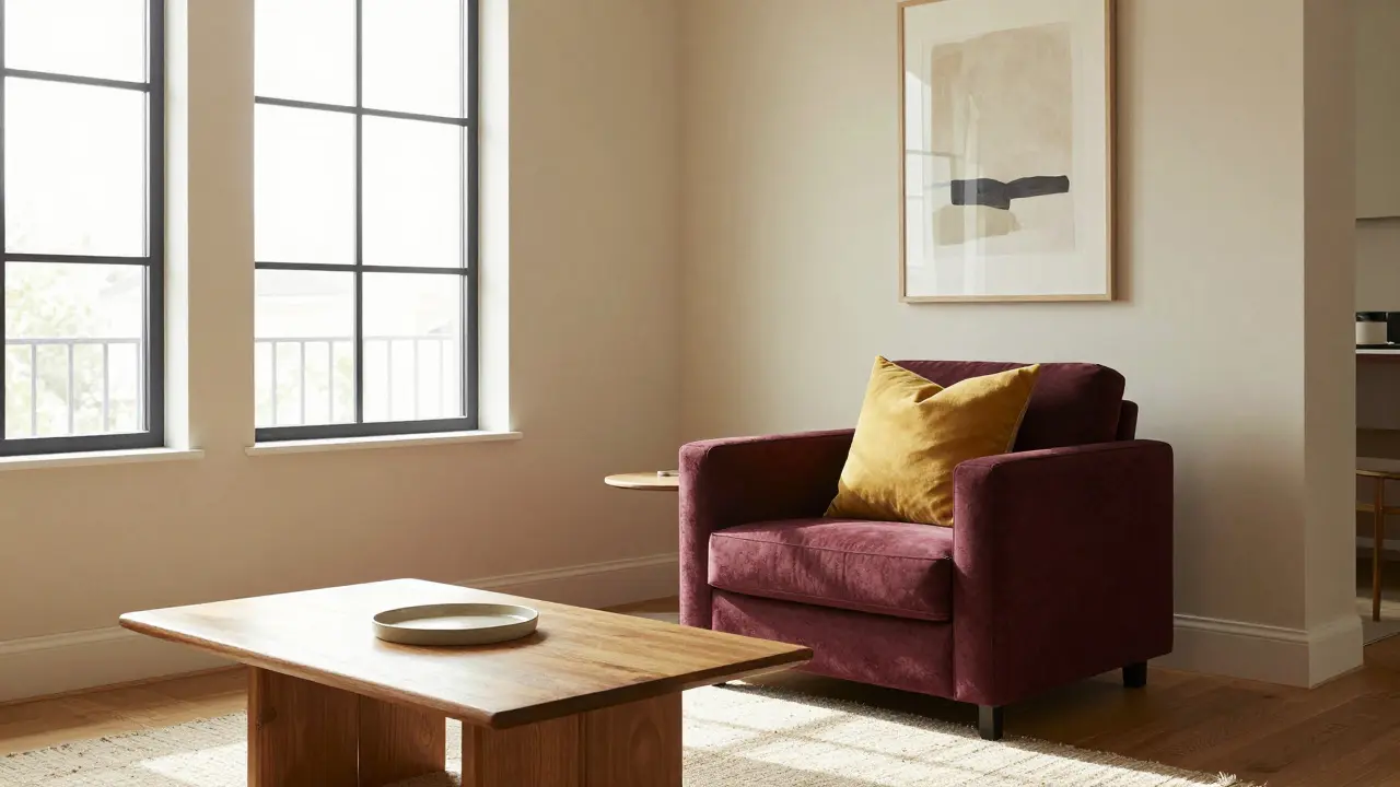 Obývací pokoj s teplými béžovými stěnami, vínovou sedačkou a žlutým polštářem, příjemně osvětlený sluncem.
