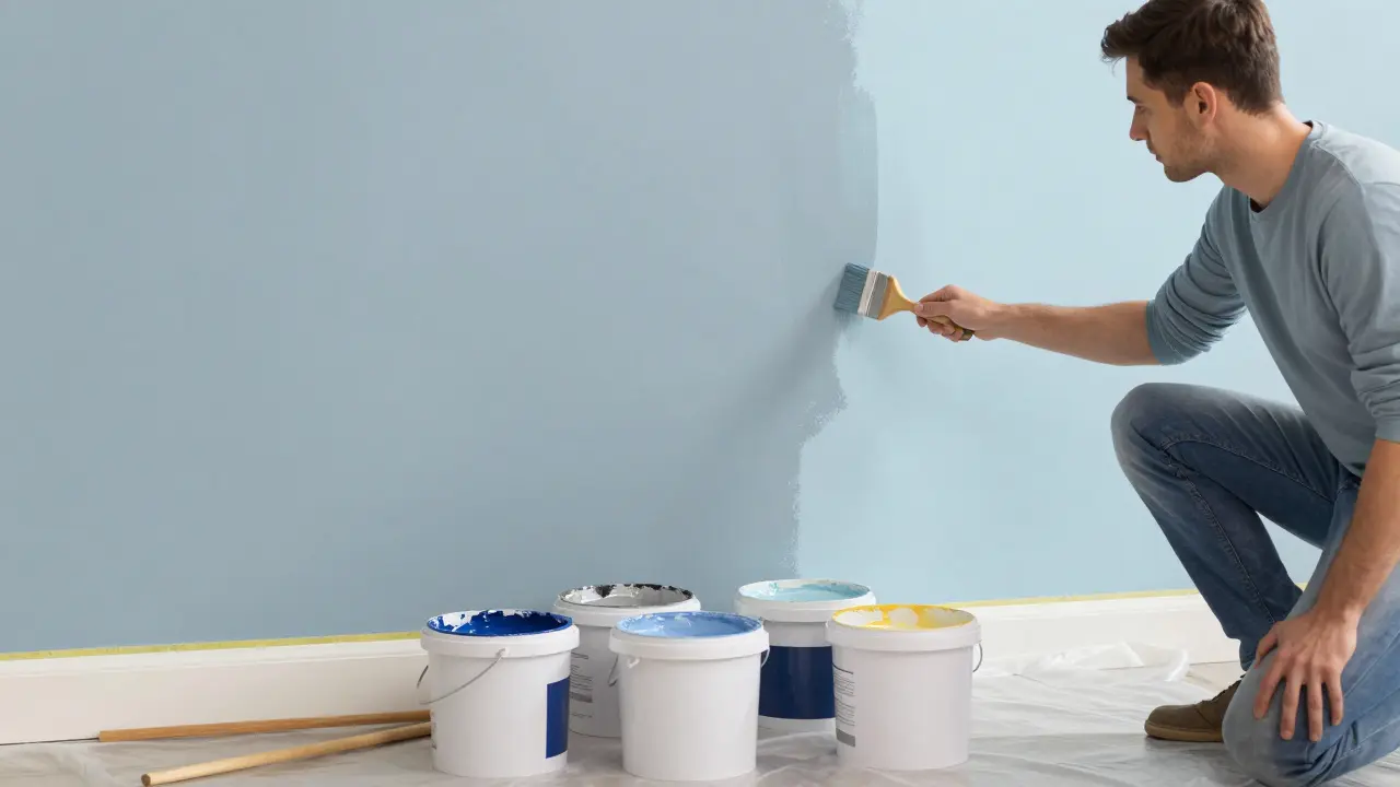 Osoba namalovává ombré stěnu suchým štětcem s pěti kbelíky barvy na podlaze.