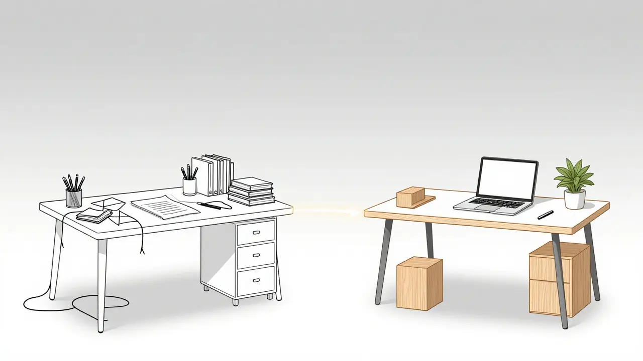 Přeměna chaotickeho stolu na minimalistický prostor s jasnou cestou klidu a fokusu.