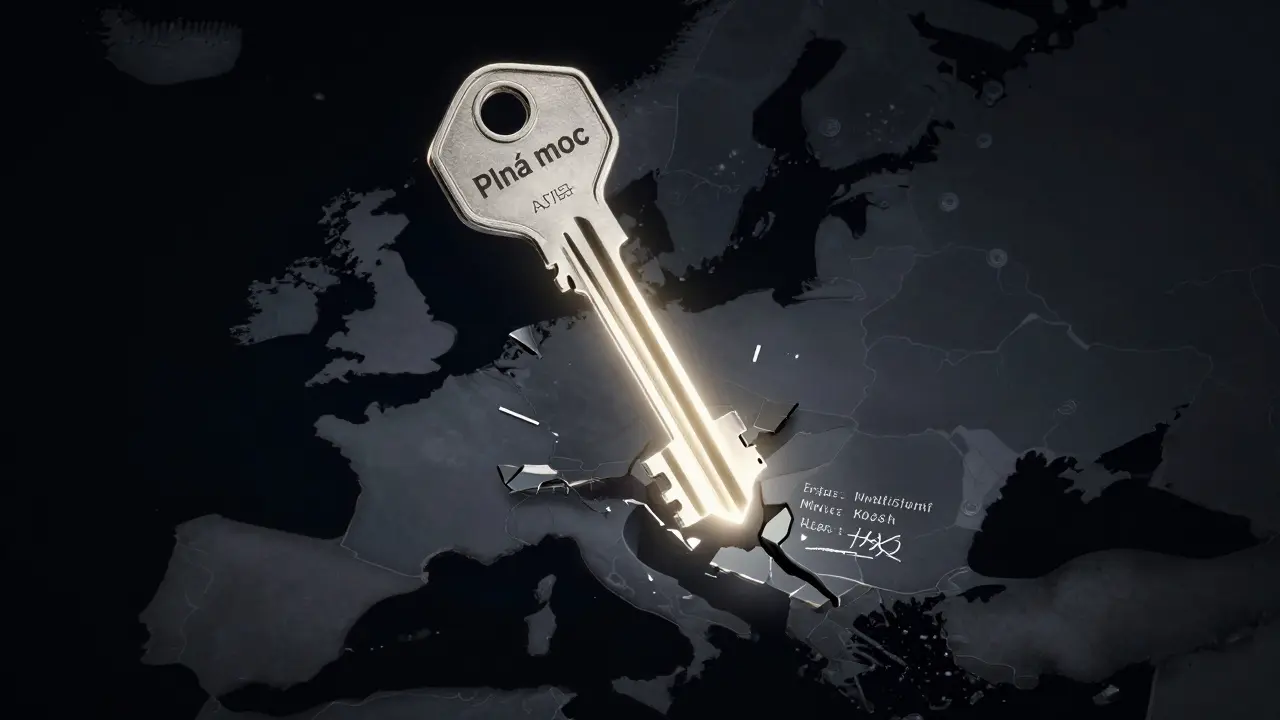 Rozbitý klíč plné moci s chybějícími prvky, proti zářícímu, kompletnímu klíči na mapě Česka.