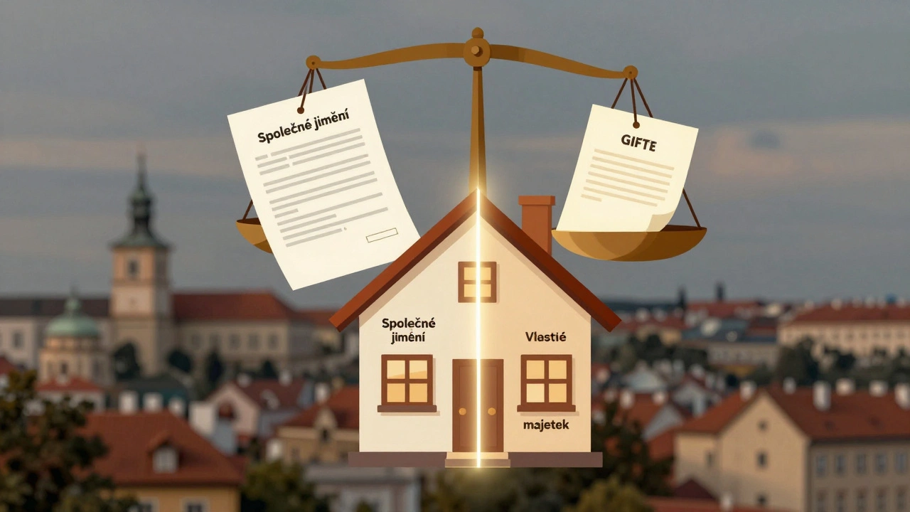 Rozdělený dům s právními symboly a finančními vahami na vrcholu.