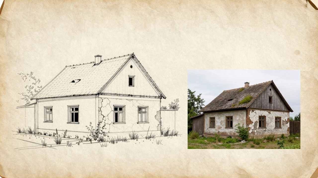 Ručně nakreslený návrh rekonstrukce starého domu vedle jeho skutečného stavu, bez nábytku ani iluzí.