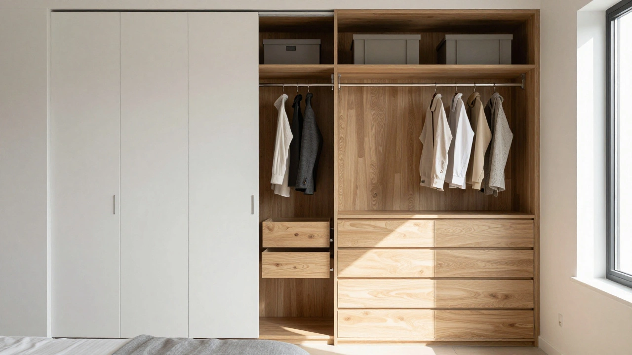 Skříň s posuvnými dveřmi a štíhlá komoda s šesti šuplíky v minimalistické ložnici s přirozeným světlem.