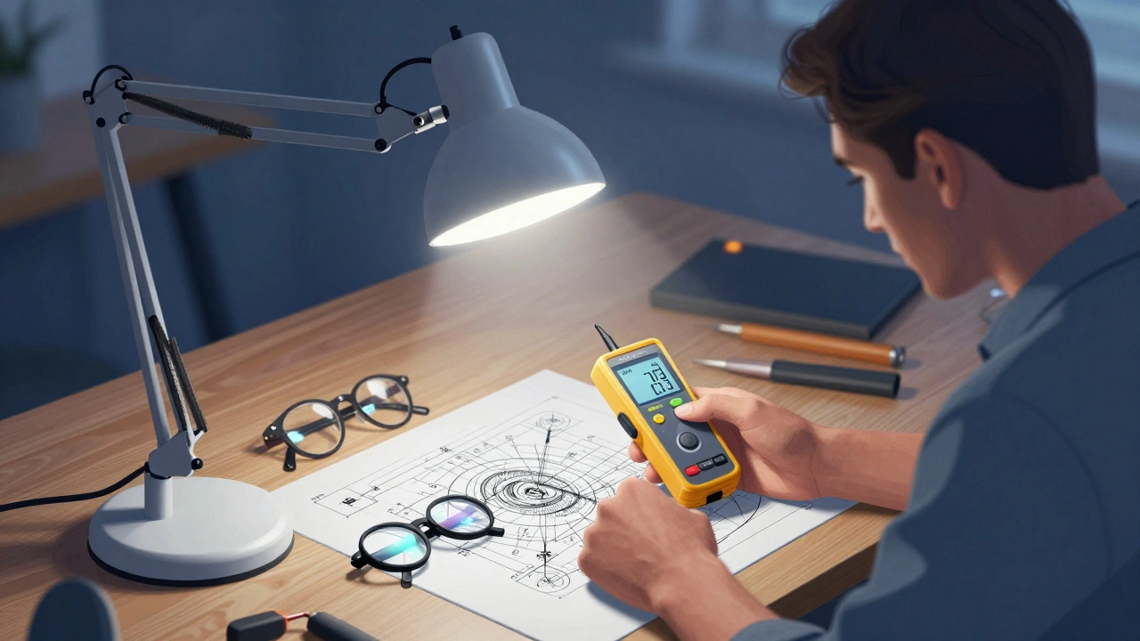 Technik měří světlo lampy Solight WO37 nad technickým výkresem v pracovně.