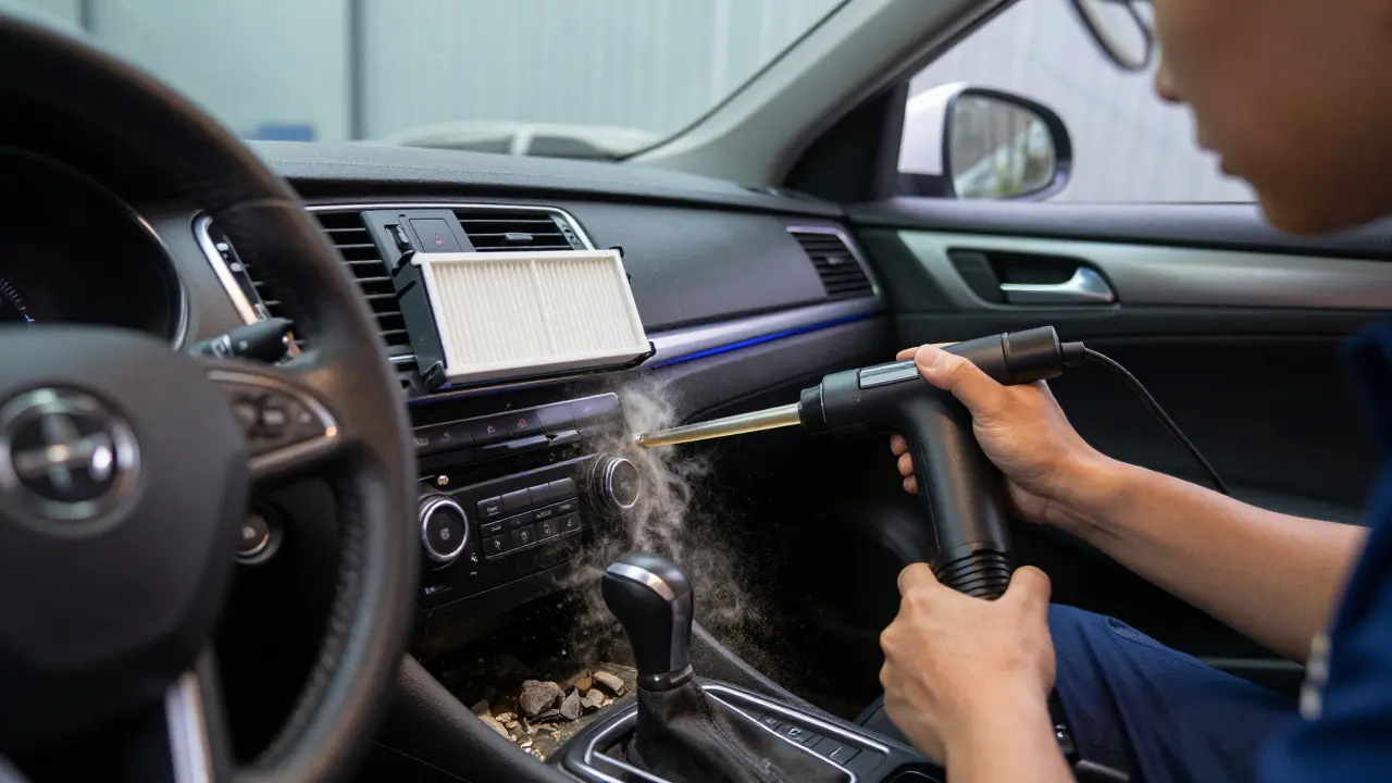 Technik vysává hluboké mezery v interiéru auta, zatímco vytahuje kabinový filtr.