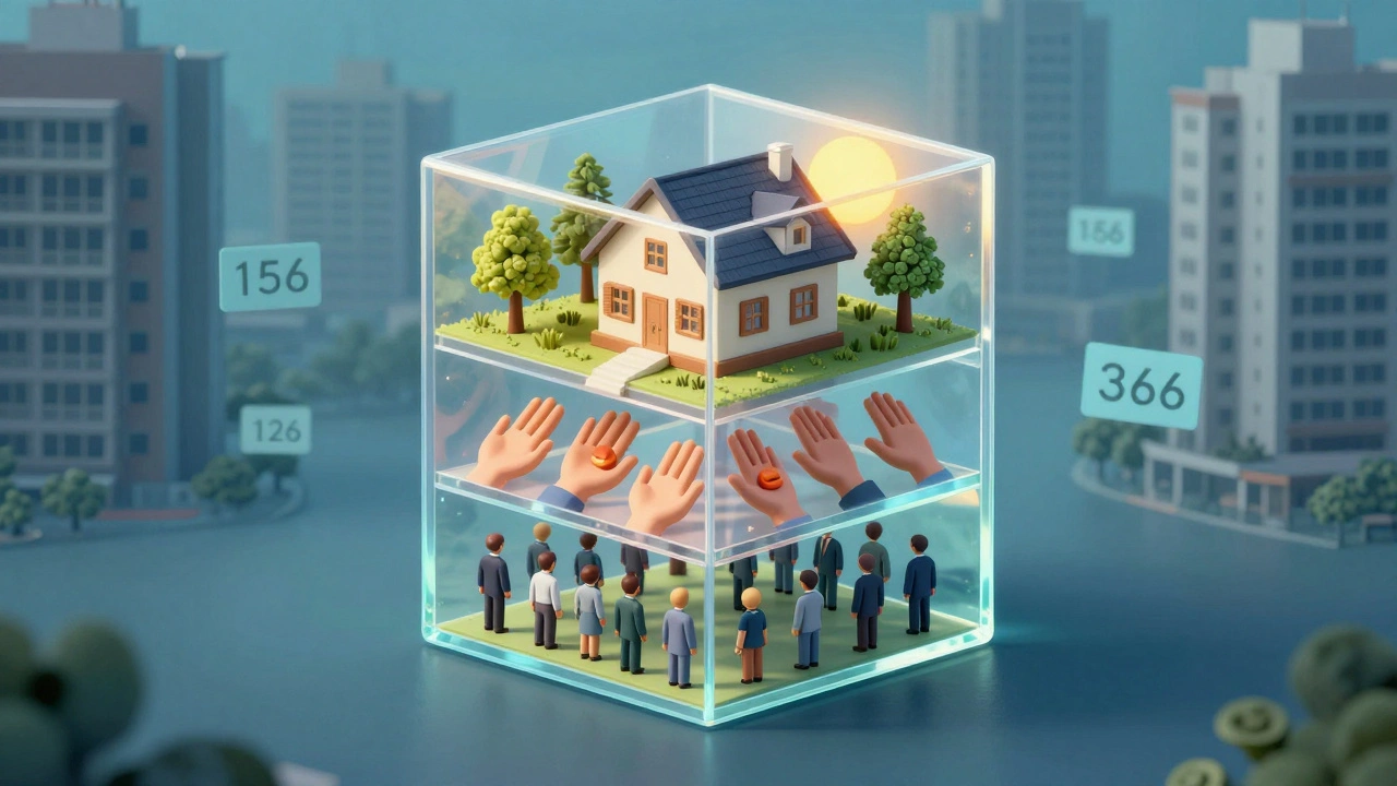 Transparent cube illustrating cooperative housing: member contributions, shared decisions, and stable home life.