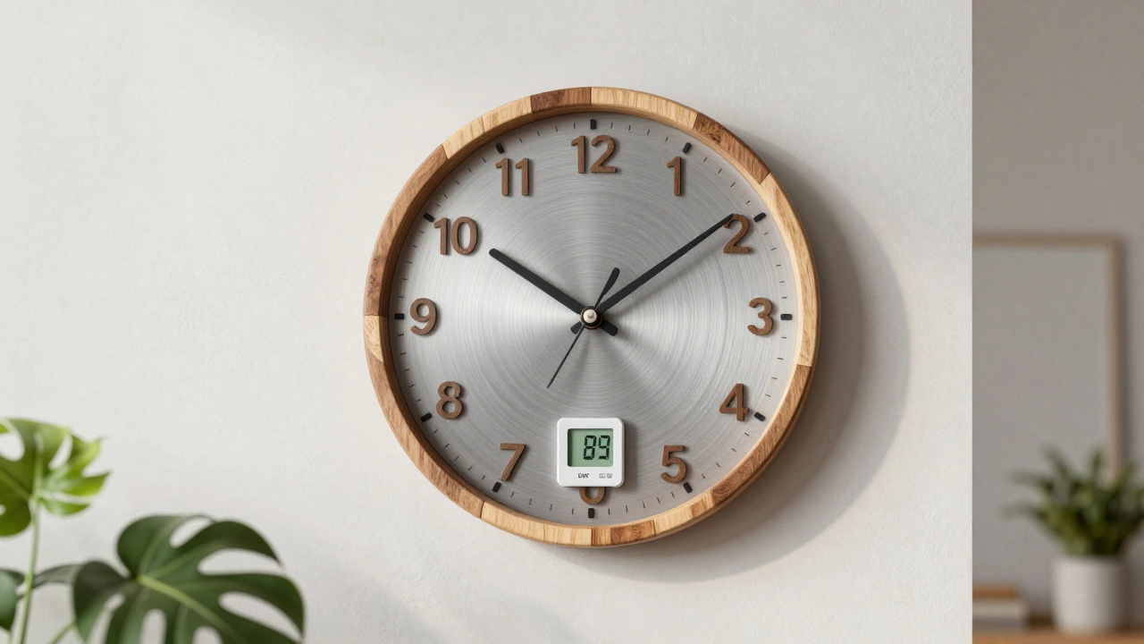 Udržitelné hodiny s integrovaným teploměrem a hygrometrem na stěně.