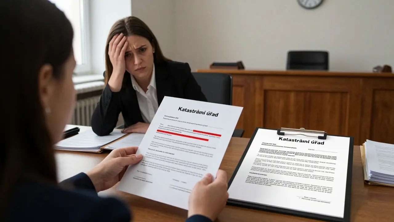 Úředník odmítá plnou moc kvůli chybějícímu právu na převzetí peněz, zatímco správná verze leží vedle.