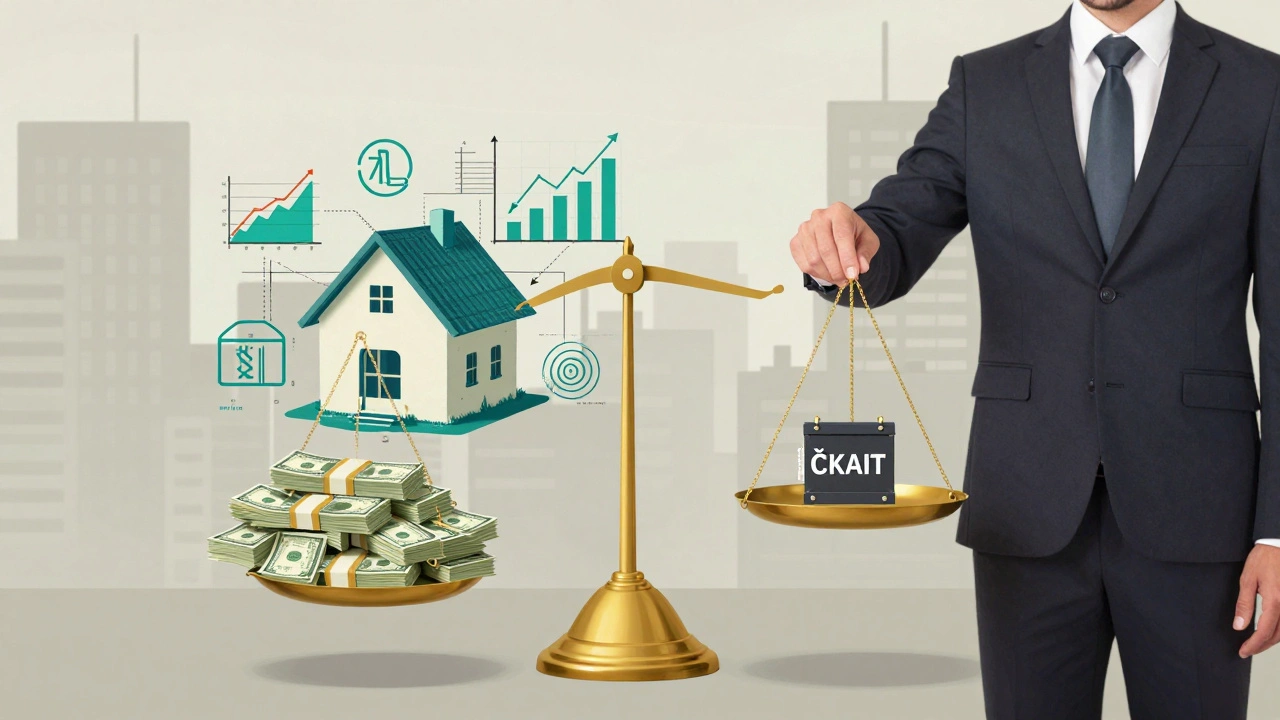 Váha s penězi a daty o nemovitostech, kde certifikovaný makléř přidává závaží ČKAIT.