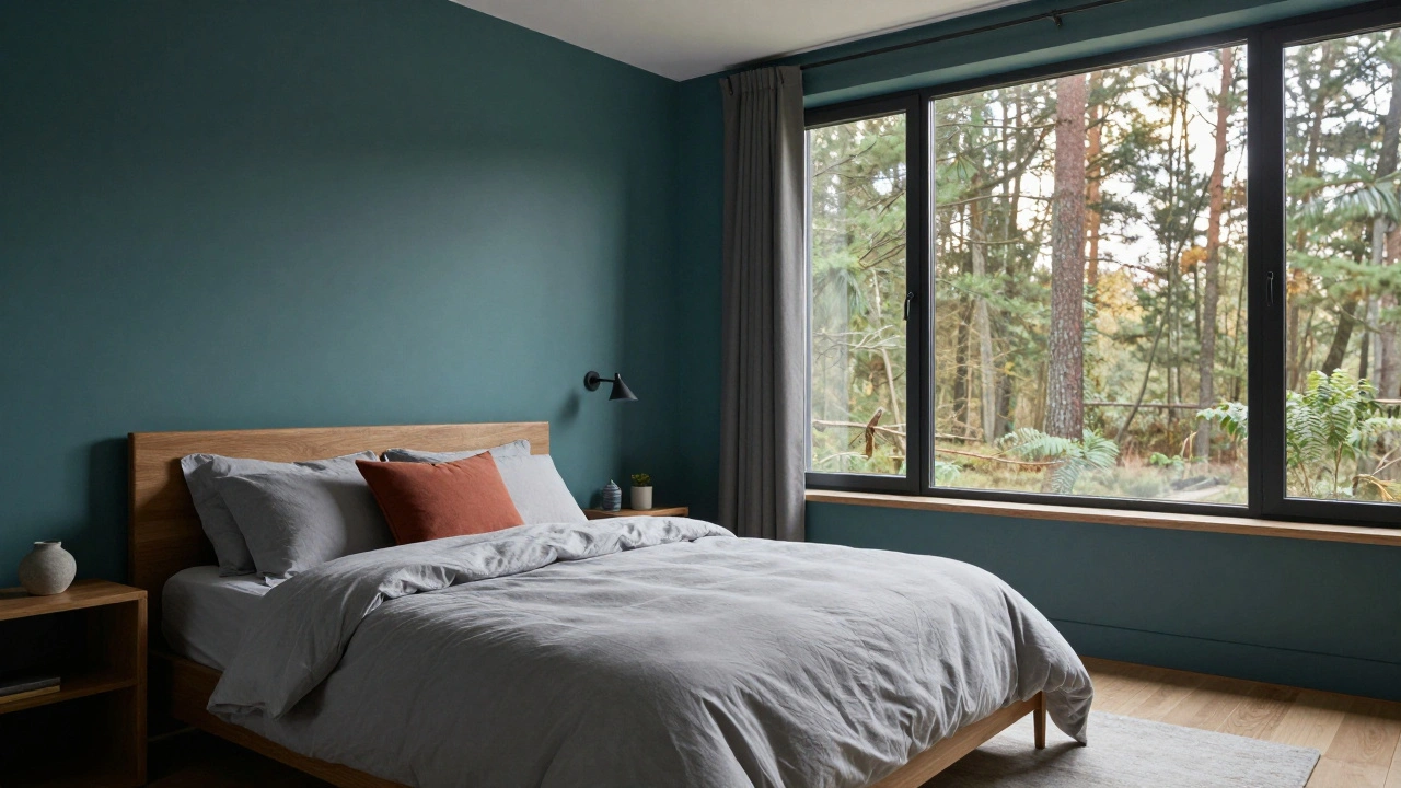 Velká ložnice s hlubokou modrozelenou stěnou Transformative Teal a přírodními textiliemi.