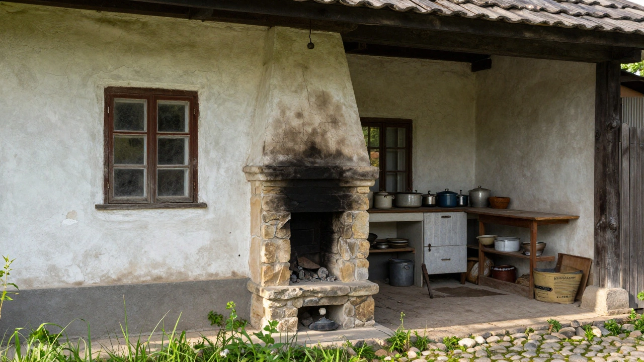 Venkovská chalupa v původním stavu s prasklými stěnami, starým krbem a plevelem ve dvoře.