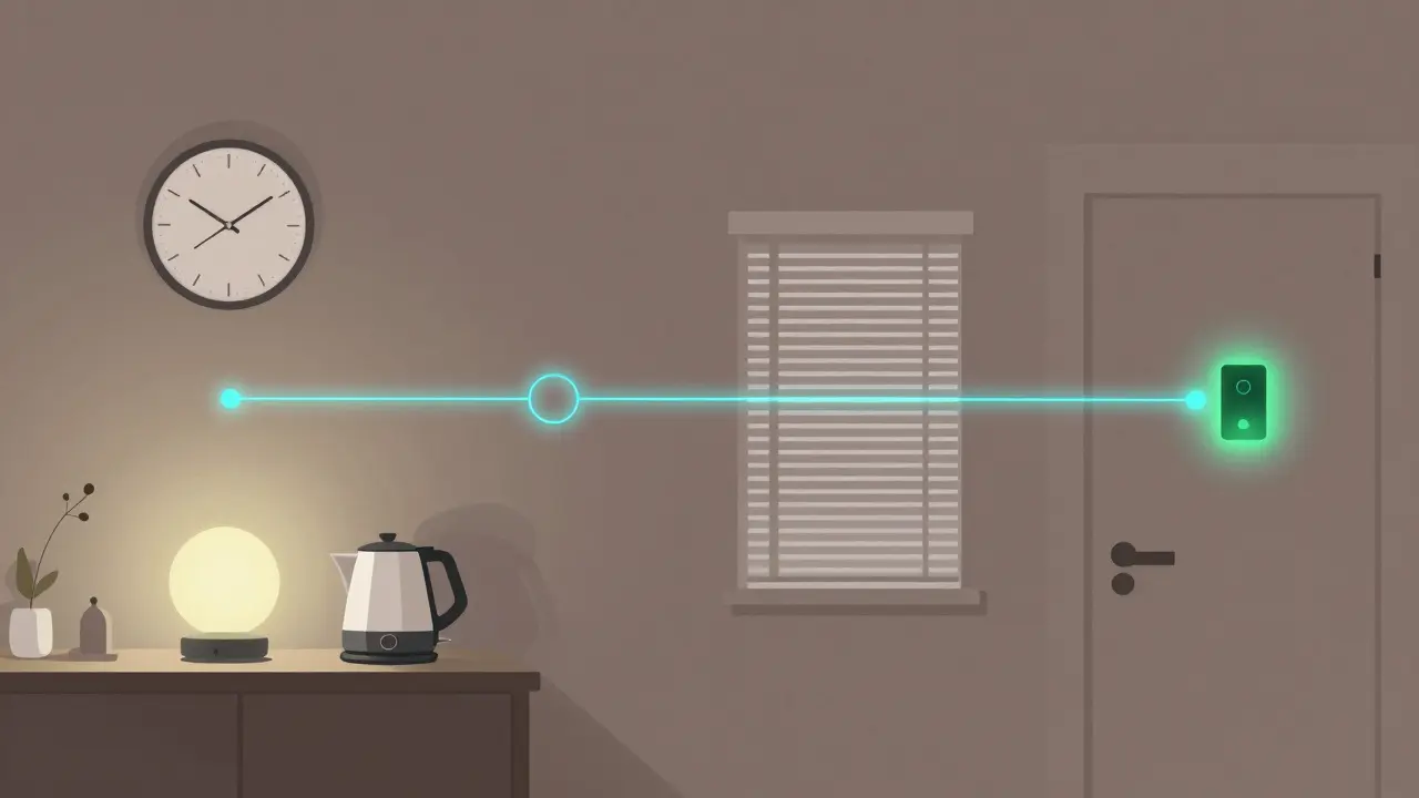 Automatizace domácnosti: světlo, klimatizace a žaluzie se vypínají automaticky ve 22:00 v moderním bytě.