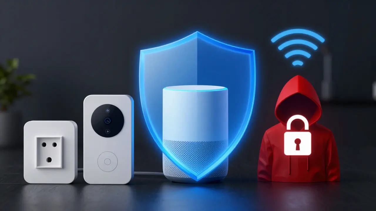 Bezpečná chytrá domácnost s ochranným štítem kolem zařízení, hacker blokován mimo samostatnou Wi-Fi síť.