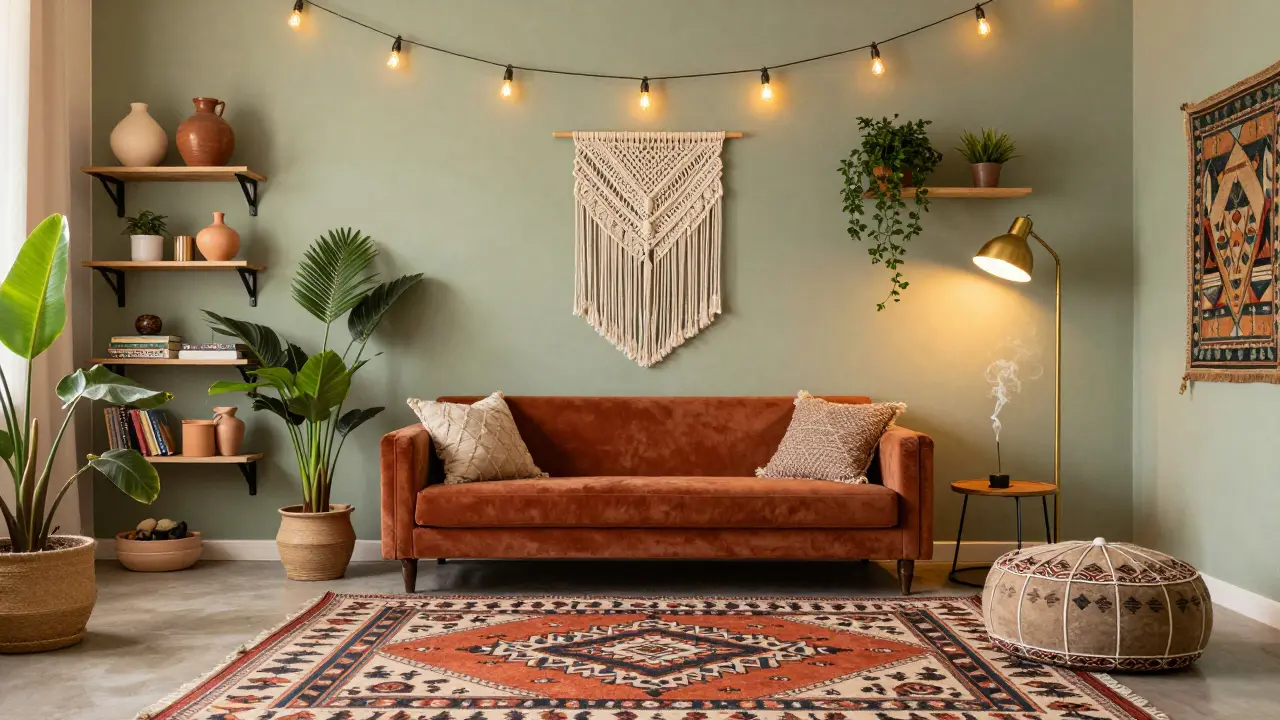 Boho styl s barevnými koberci, textilními prvky a rostlinami v teplém, osobním prostředí.