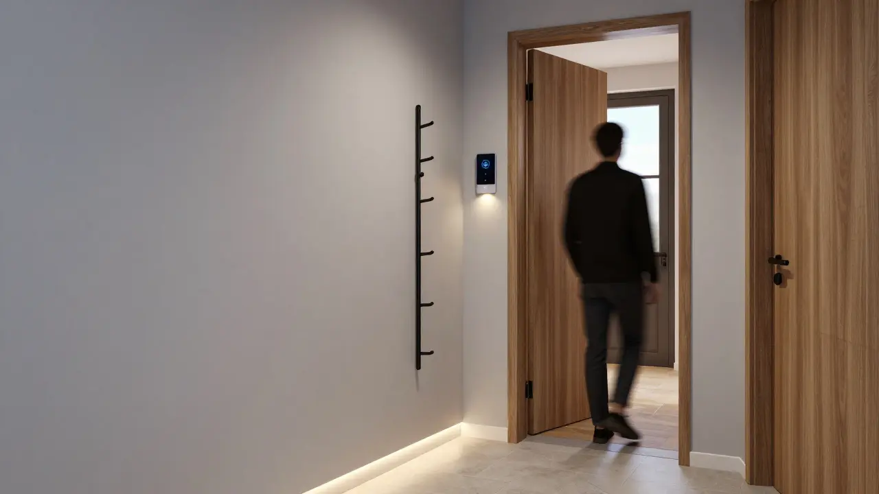 Chytrá vstupní hala s senzory pohybu, automatickým osvětlením a tenkým šatníkem v pražském bytě.
