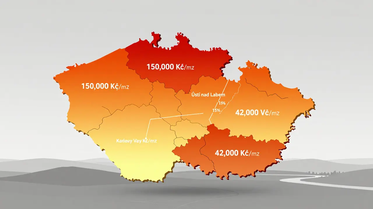 Color-coded map of Czech regions showing real estate price differences across the country.